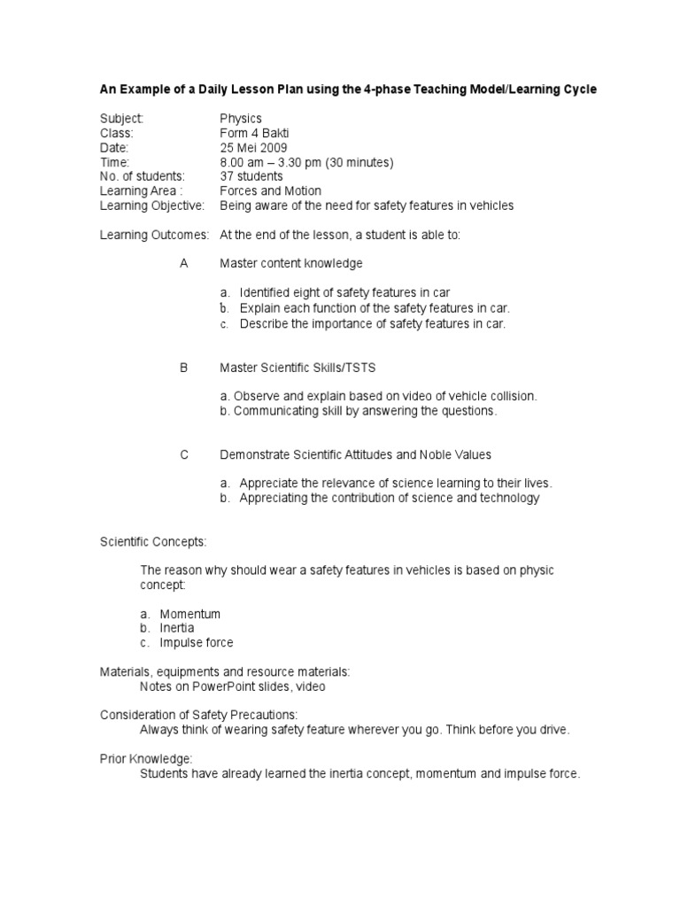 Daily Physics Lesson Plan: Safety Features | PDF