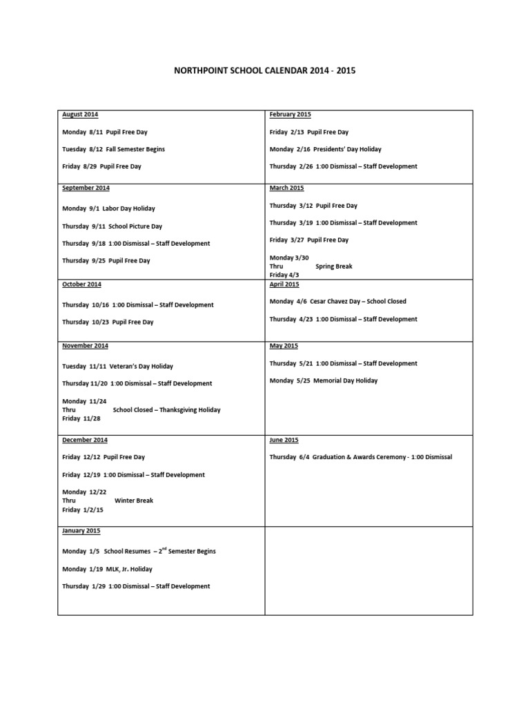 Northpoint School Year Calendar 2014-2015 | PDF