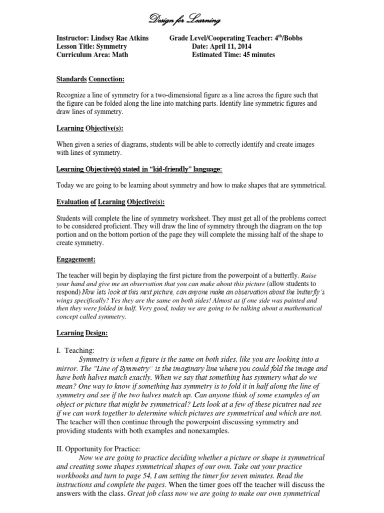 Symmetry Lesson Plan for 4th Grade | PDF | Symmetry | Shape