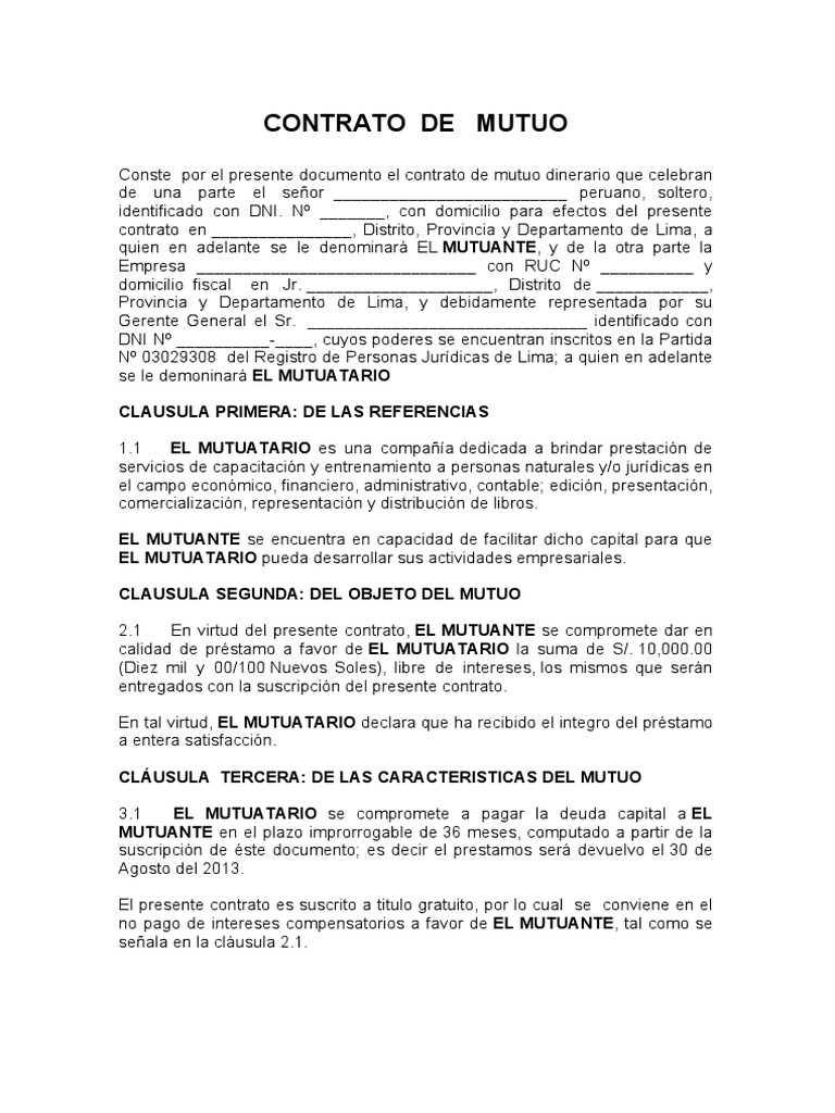 Contrato Mutuo Dinerario | PDF | Hipoteca Comercial | Finanzas y  administración del dinero