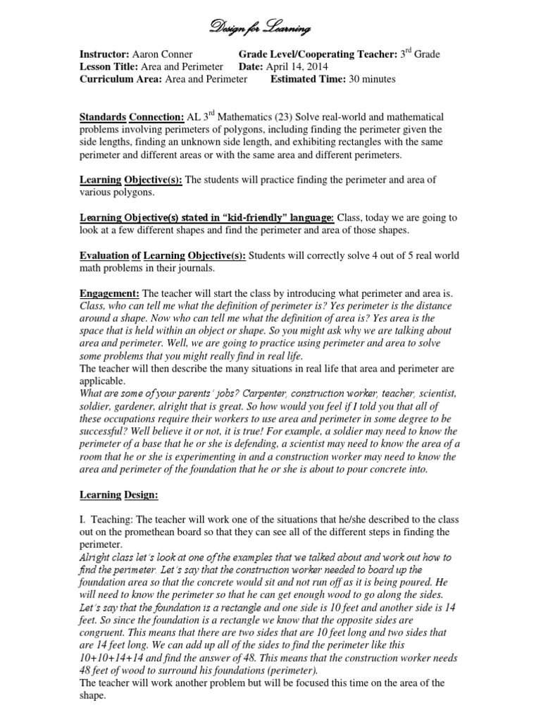 Perimeter and Area Lesson Plan Mcdaniel | PDF | Teaching Mathematics ...