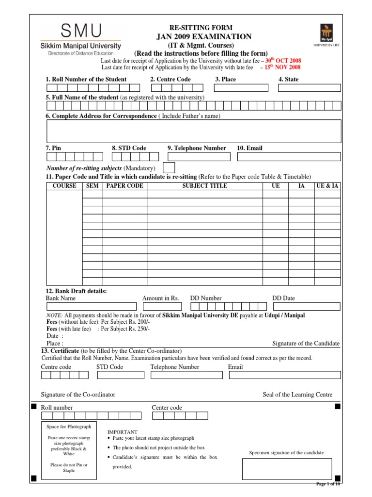 Sikkim Manipal MBA Re-sitting Form | PDF | Test (Assessment) | Government