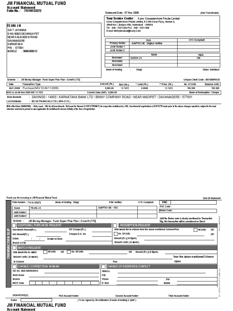 JM Financial Mutual Fund Account Statement | PDF | Mutual Funds | Cheque