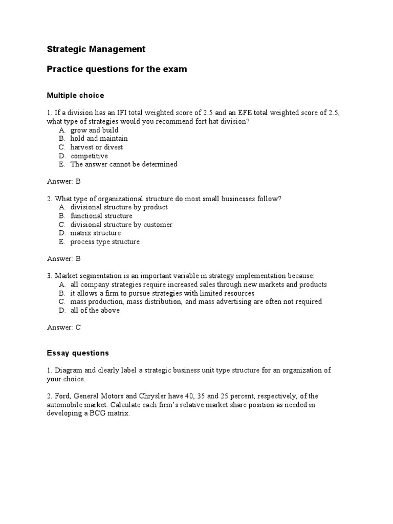 Strategic Management Exam Practice Questions | PDF | Business