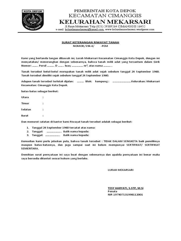 Contoh Surat Keterangan Riwayat Kepemilikan Tanah