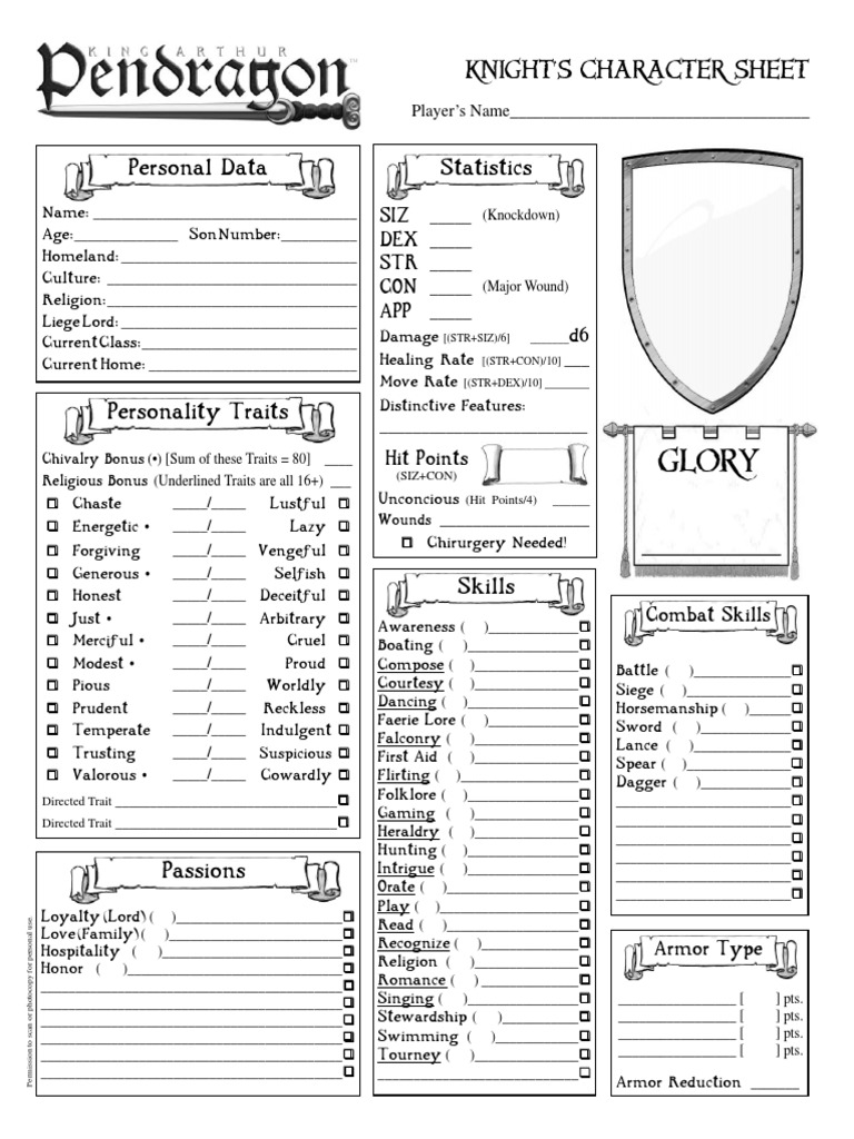 Pendragon Knight Character Sheet | PDF | Games & Activities