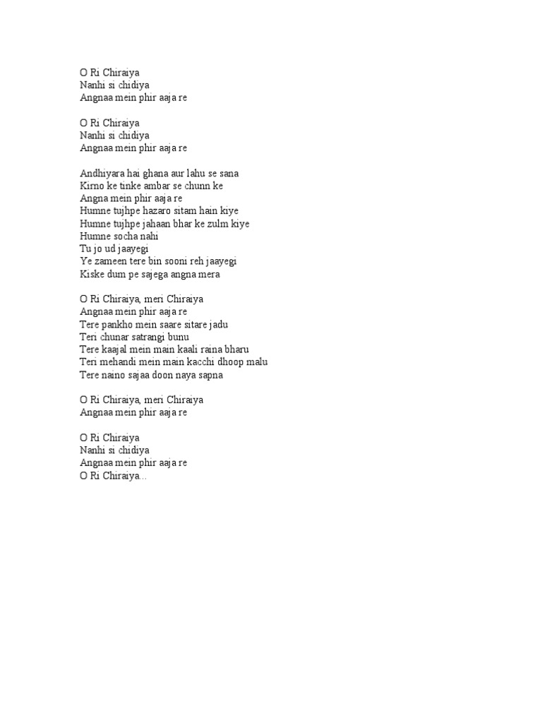 O Ri Chiraiya Lyrics Satyamev Jayate Pdf