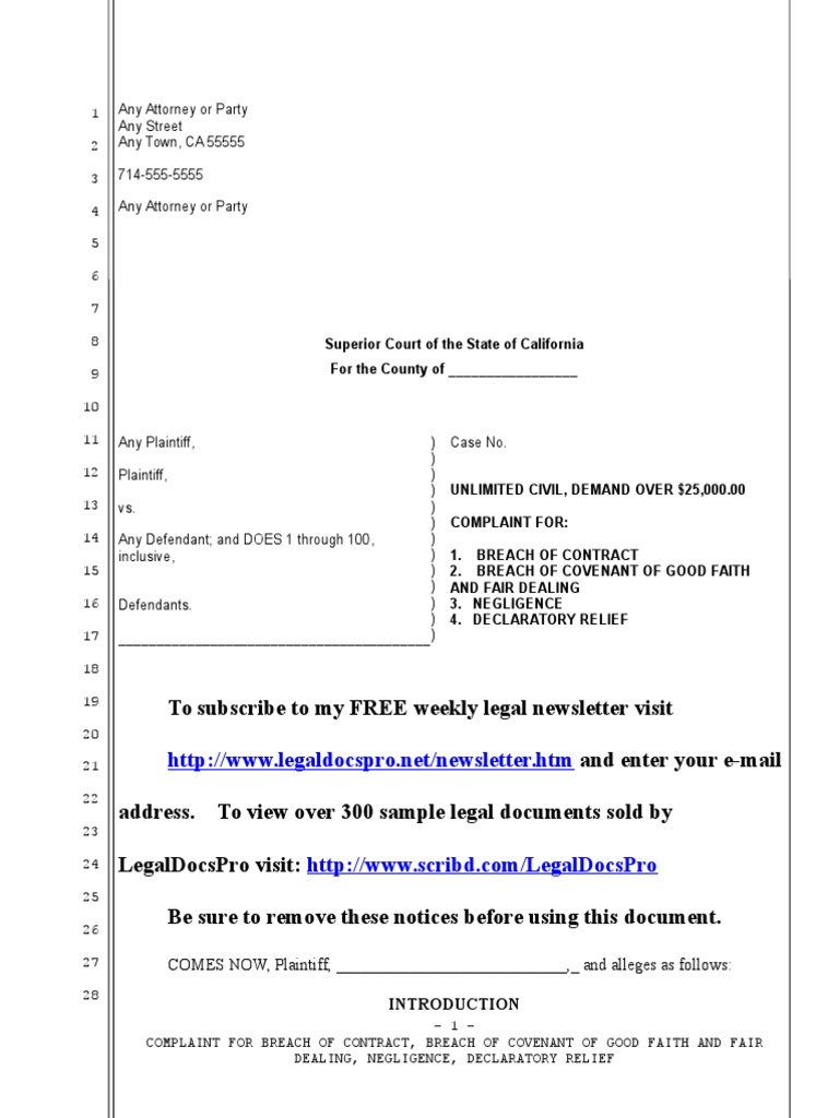 Sample Complaint Against California Insurance Company for