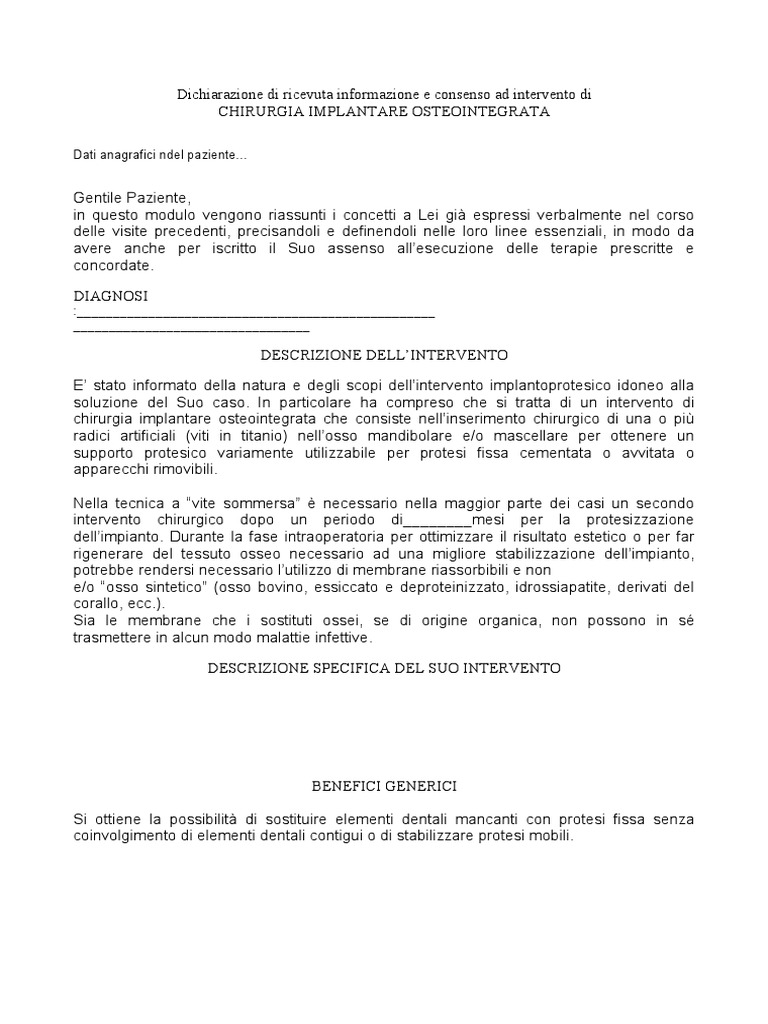 Consenso Informato Chirurgia Implantare | Dentures | Dental Implant