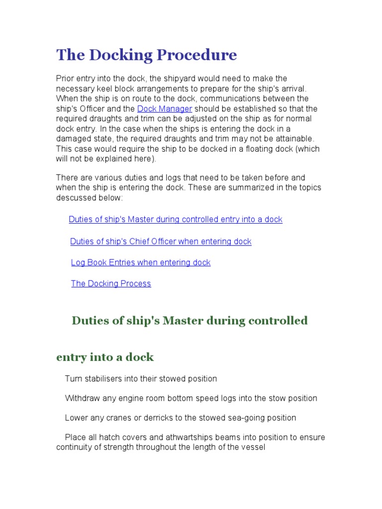 The Docking Procedure Duties of Ship's Master During Controlled Entry
