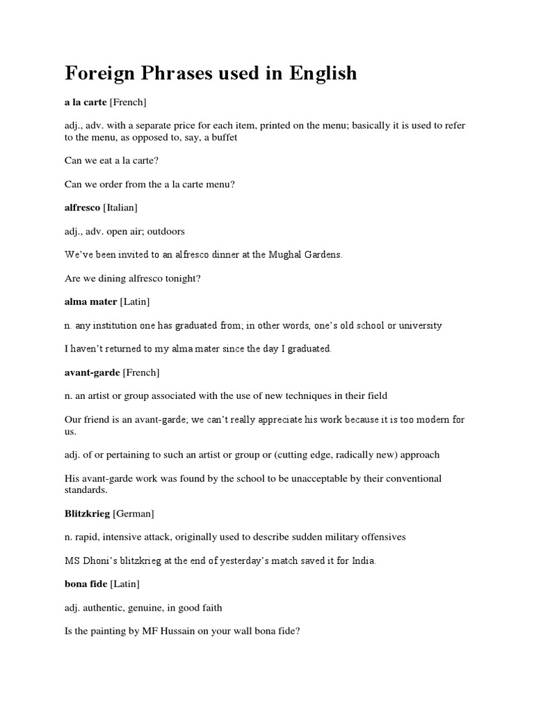 Foreign Phrases Used in English PDF Languages