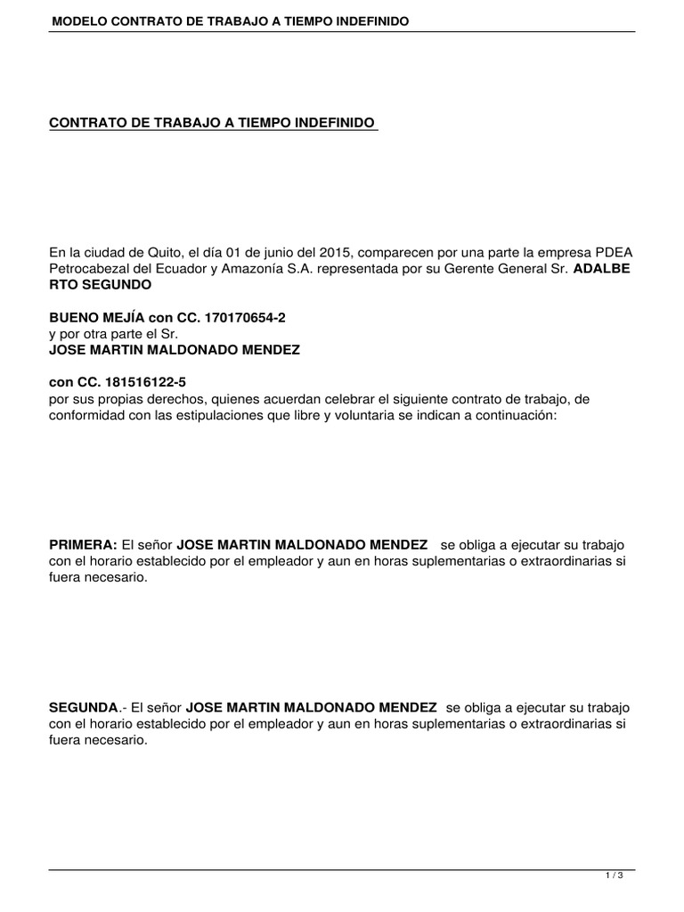 Modelo Contrato Trabajo Indefinido Ecuador Salario