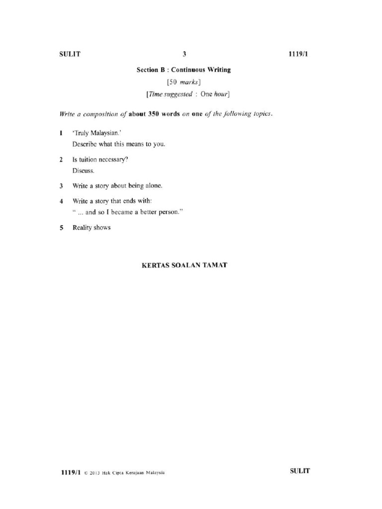 SPM 2013 English Sample Essay Paper 1 Section B Question ...