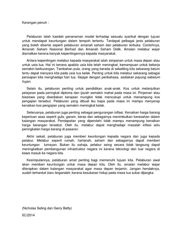 Karangan Penuh Kepentingan Pelaburan Kepada Masyarakat