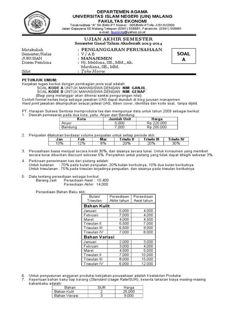 Soal Uas Penganggaran Gasal 13 14 A