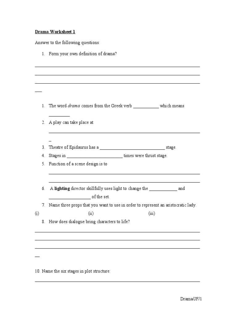 Free Printable Drama Worksheets Pdf