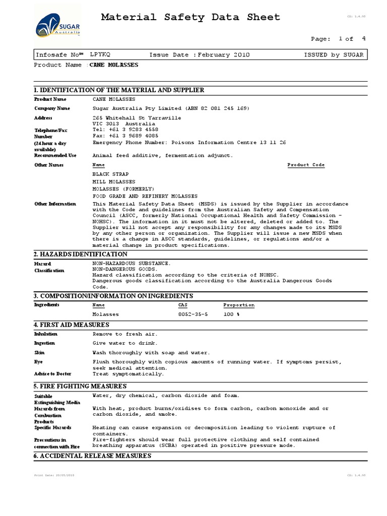 MSDS Cane Molasses Waste Combustion