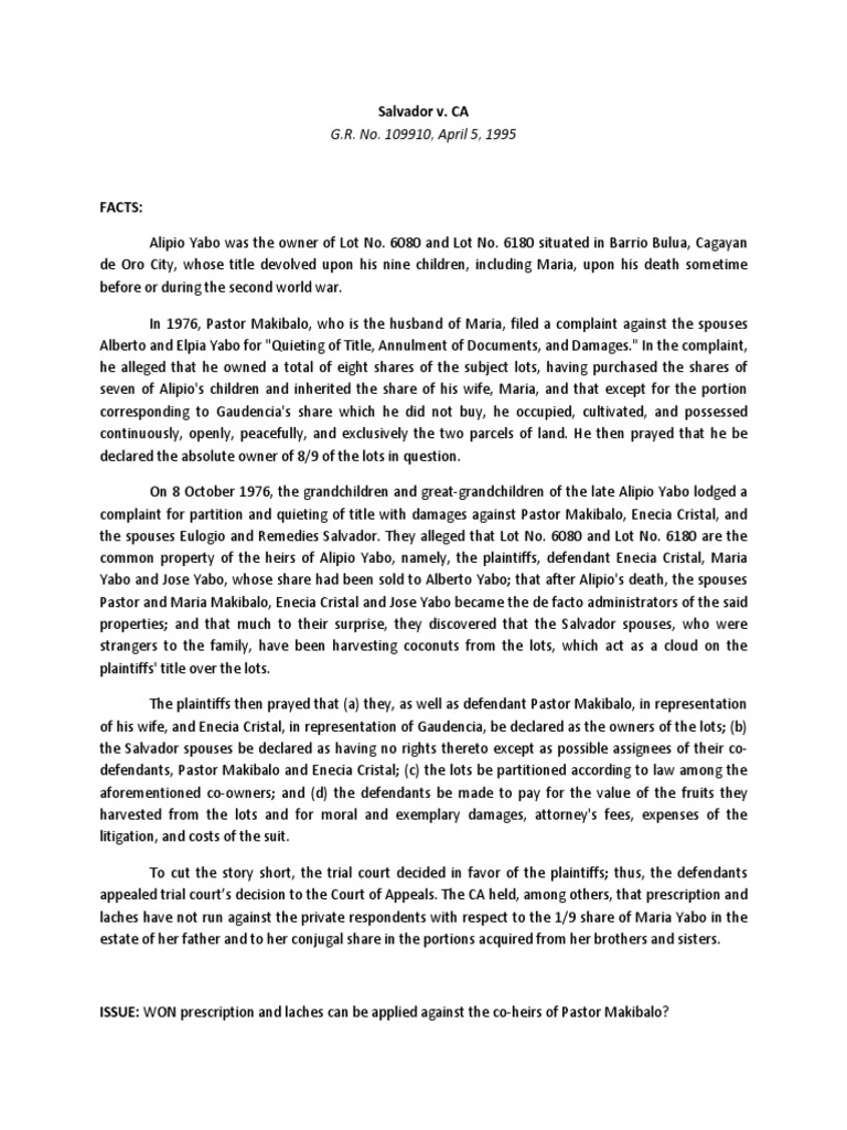Salvador v. CA (Prescription and Laches VisAVis CoOwnership) Lora
