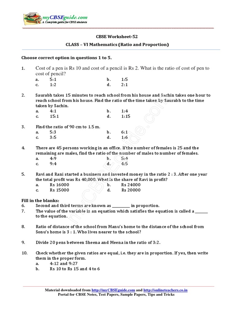 06 Maths Ws 12 Ratio and Proportion 05 | PDF