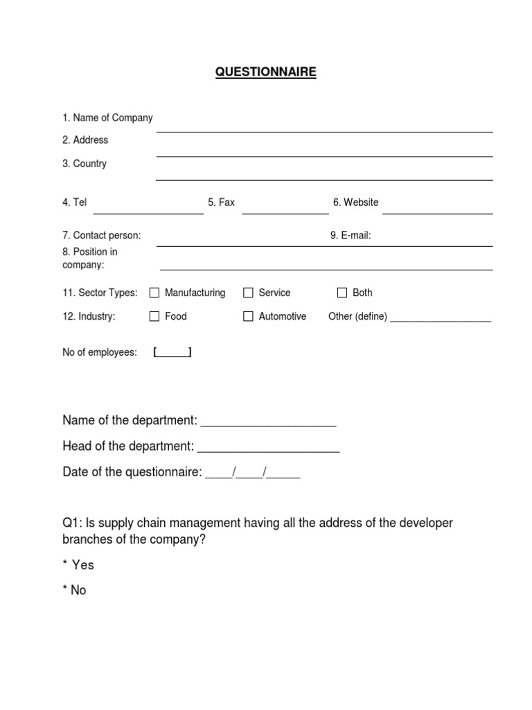 Questionnaire Supply Chain PDF Supply Chain Business Process