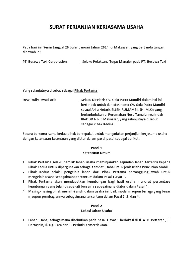 Surat Perjanjian Kerjasama Usaha  PDF