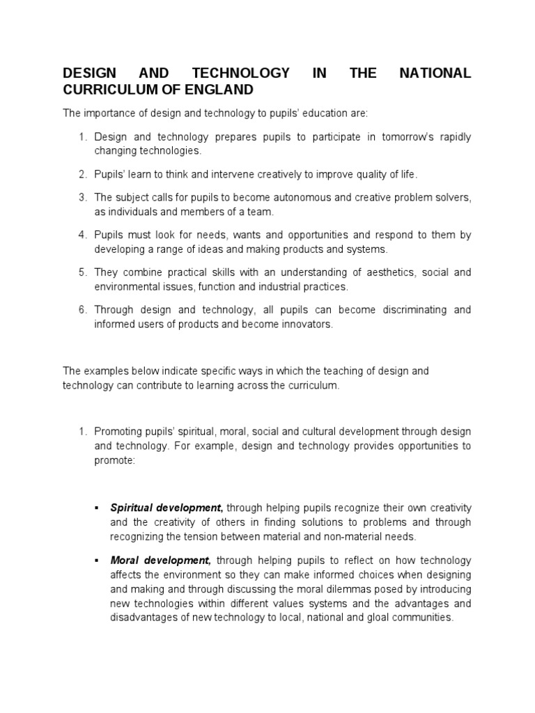 Design and Technology in England's Curriculum | PDF | Design | Evaluation