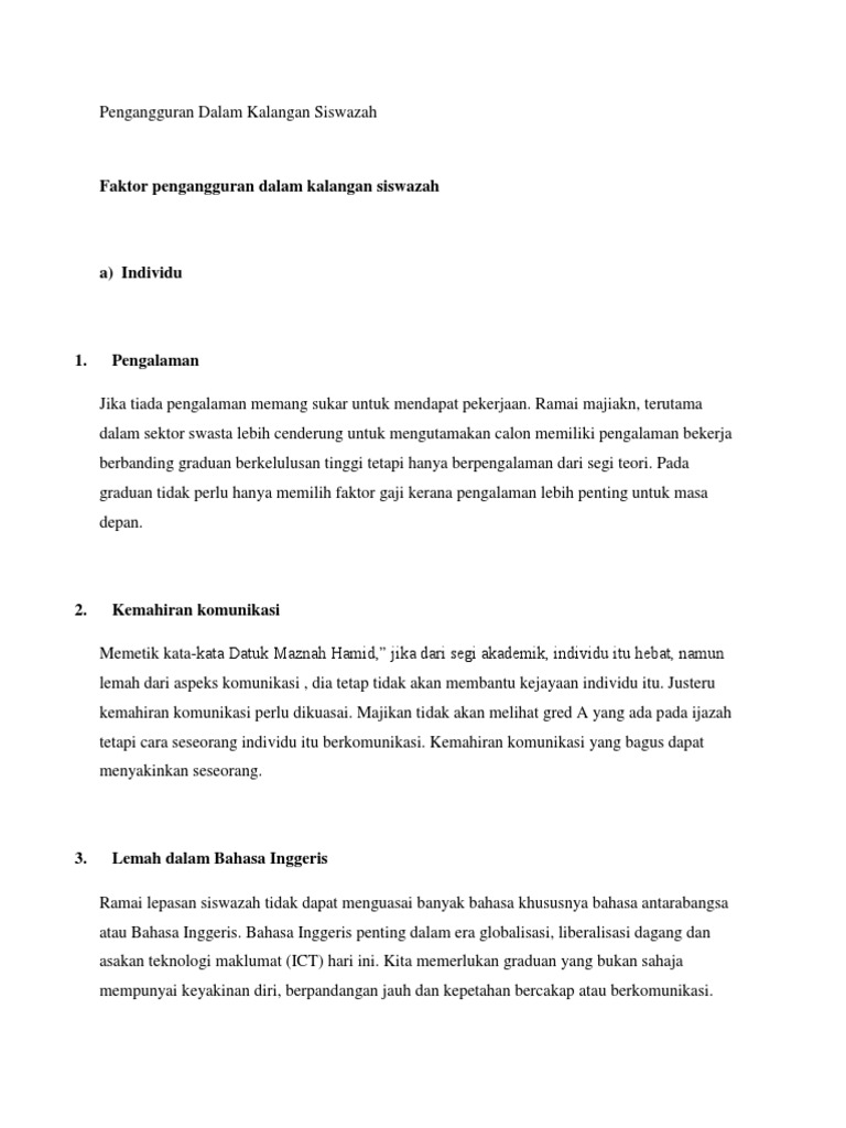 Pengangguran Dalam Kalangan Siswazah Pdf