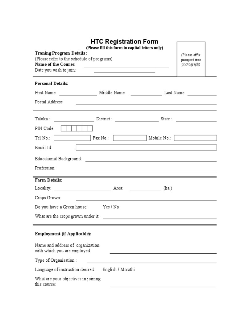 HTC Registration Form: Traning Program Details: Name of The Course | PDF