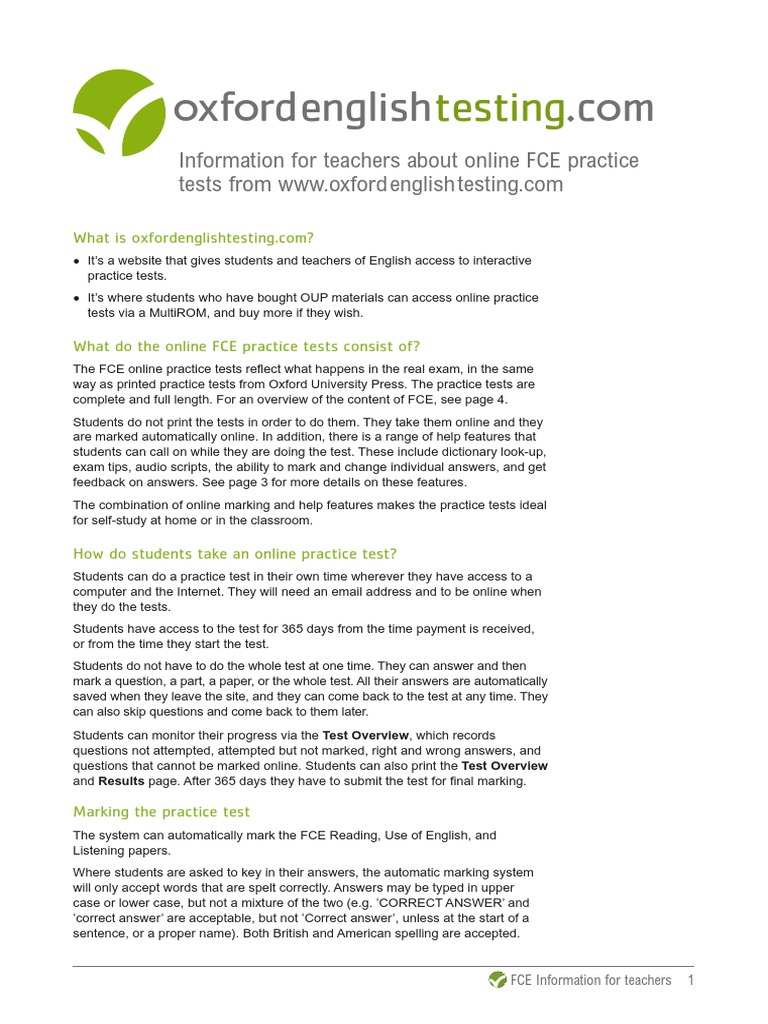 Information for Teachers about Online FCE Practice Tests from Oxford ...