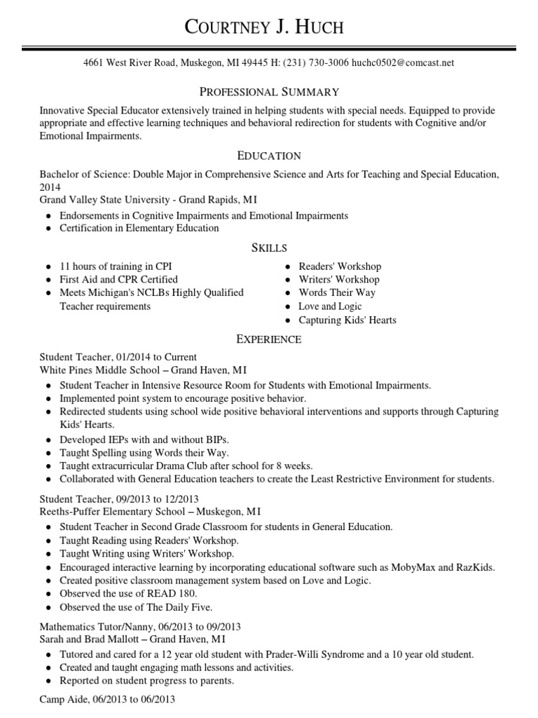 Special Educator Resume - Courtney Huch | PDF | Special Education ...