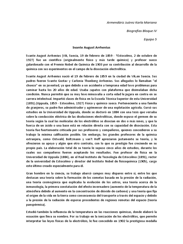 Biografía de Svante Arrhenius | PDF | Química Física | Ciencias fisicas