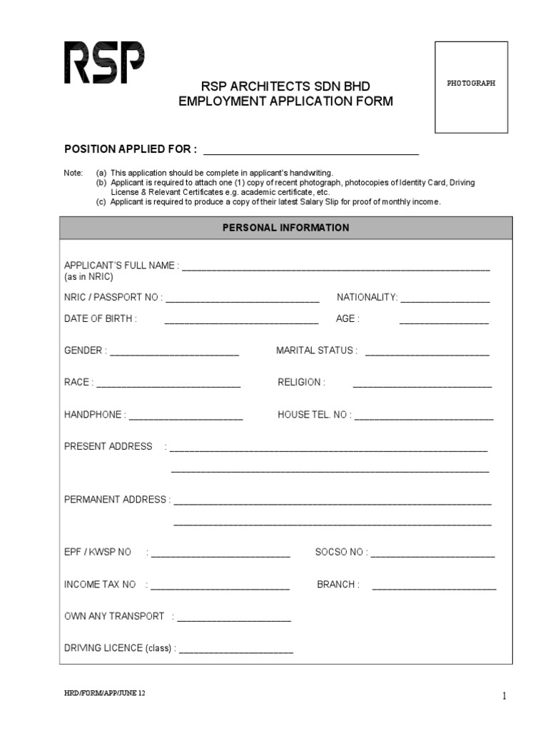 RSP Architects Employment Application Form | PDF | Identity Document ...