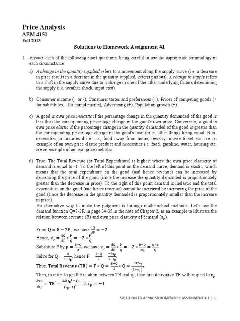Price Analysis: AEM 4150 Solutions To Homework Assignment #1 | PDF ...