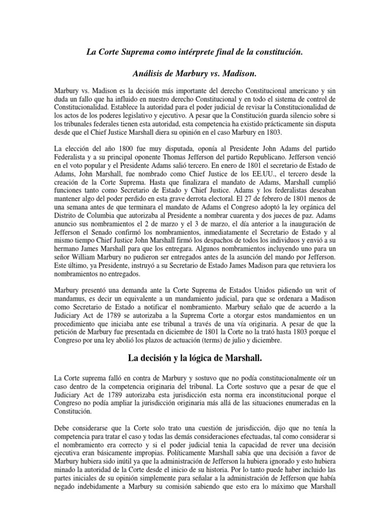 Análisis de Marbury vs. Madison | PDF | John Adams | Tribunal Supremo ...