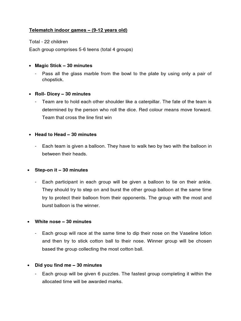 Indoor Telematch Games for Kids | PDF
