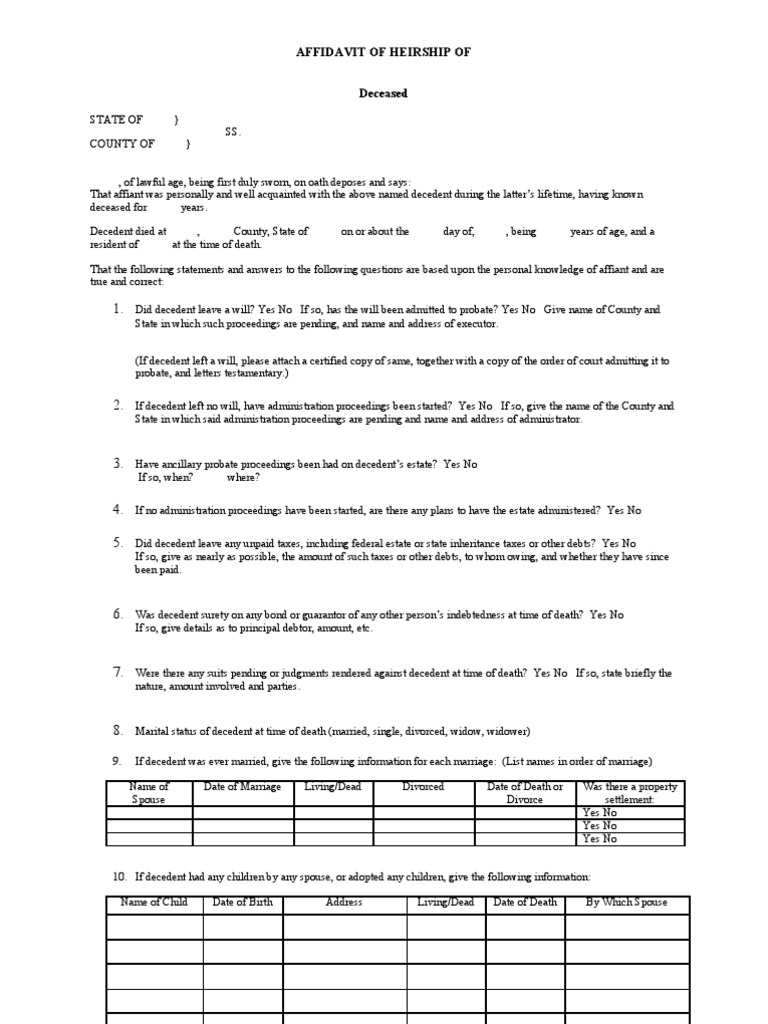 Affidavit of Heirship Template | PDF | Affidavit | Probate