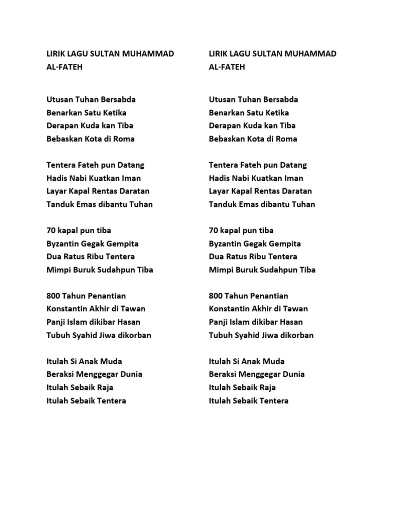 Lirik Lagu Sultan Muhammad Al Fateh1 Pdf