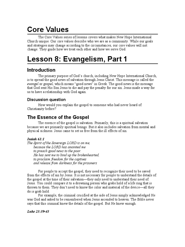 Evangelism: The Essence of The Gospel (Core Values Lesson 8) | PDF ...