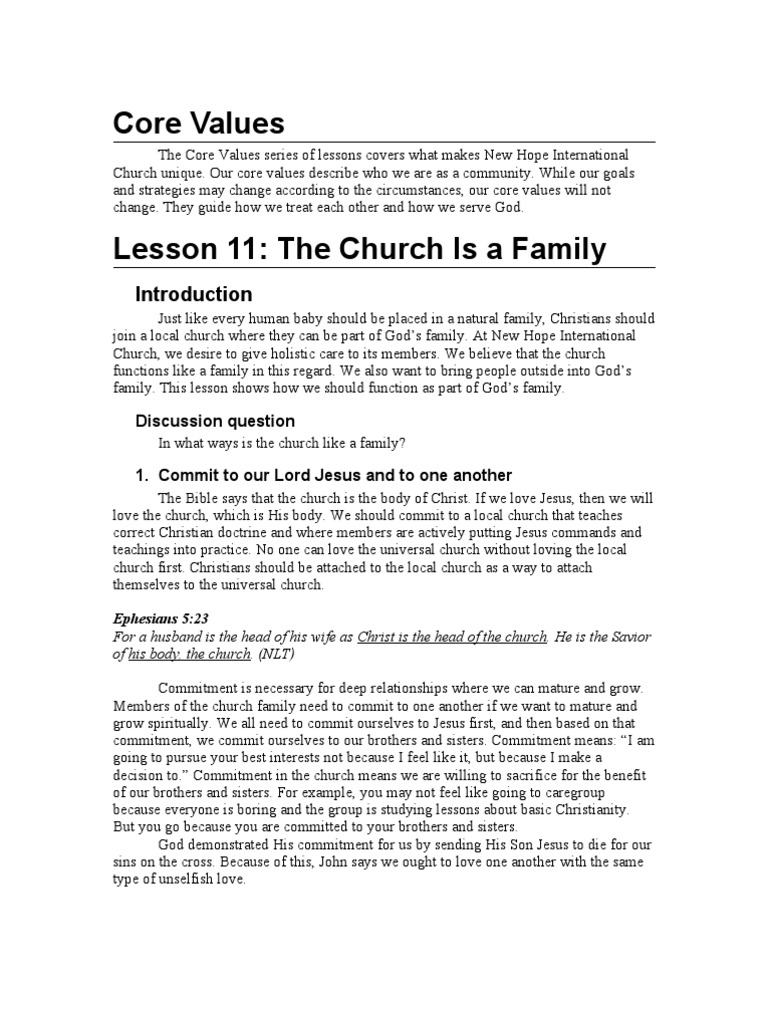 The Church Is A Family (Core Values Lesson 11) | PDF | Christian Church