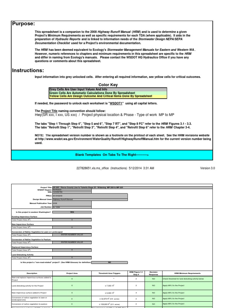 WSDOT Highway Runoff Manual Spreadsheet | PDF | Stormwater | Surface Runoff