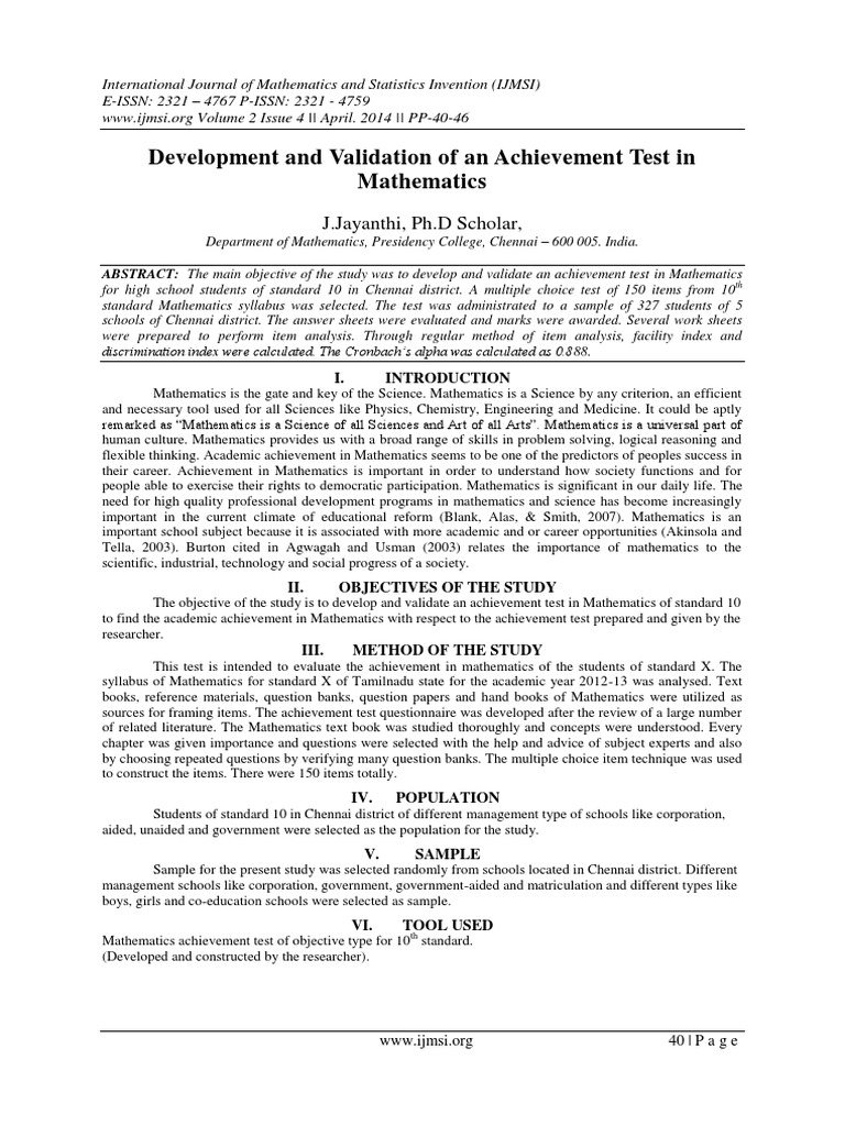 Development and Validation of An Achievement Test in Mathematics | PDF ...