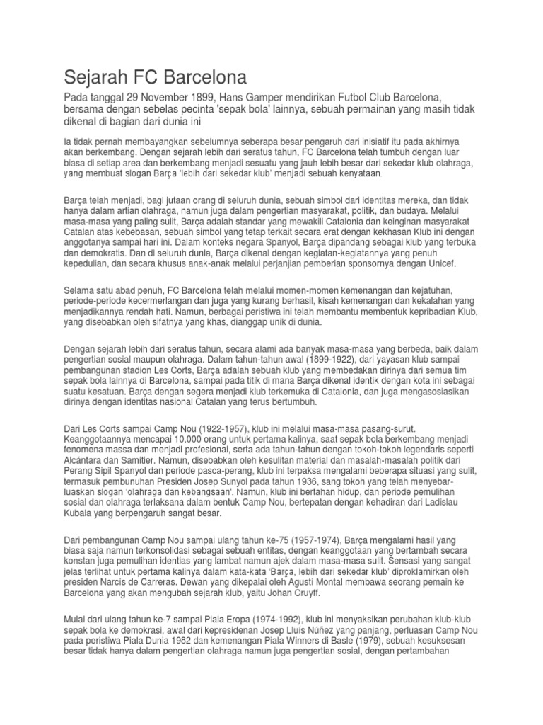 Sejarah FC Barcelona | PDF | Olahraga & Rekreasi | Perjalanan
