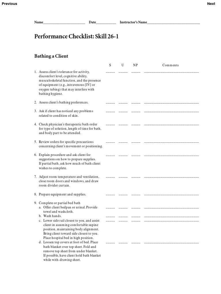Checklist Bed Bathing Shower Bathroom