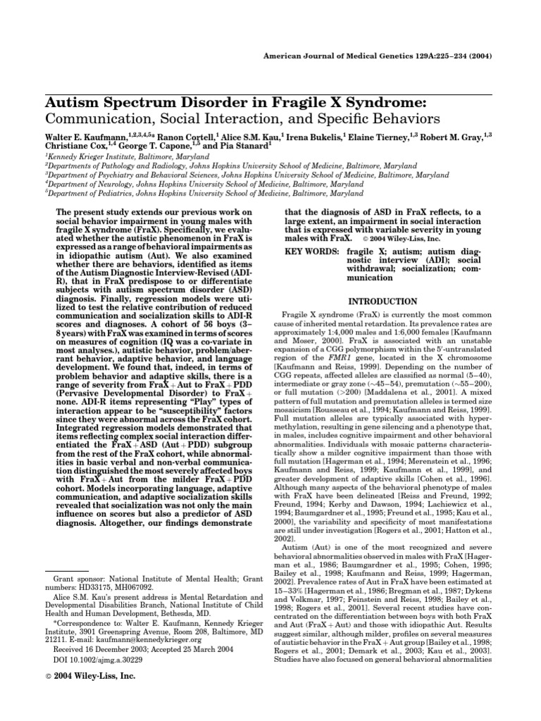 Autism in Fragile X Syndrome Study | PDF | Autism | Pervasive ...