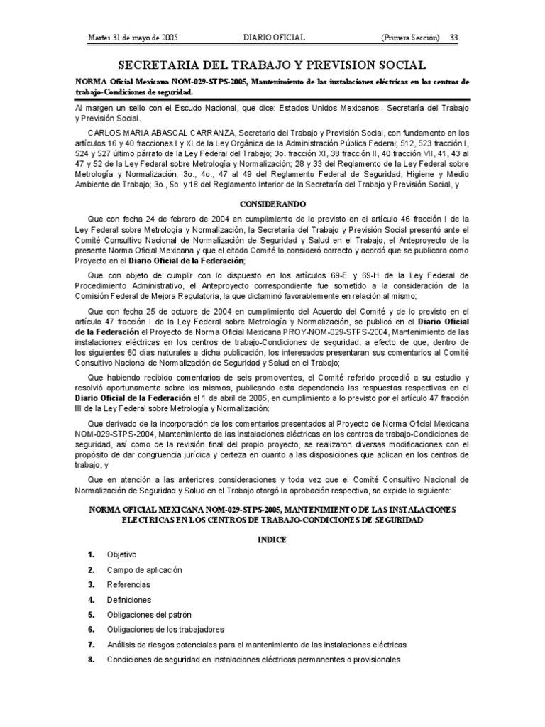 Nom 029 STPS 2005 PDF | PDF | Cableado eléctrico | Electricidad