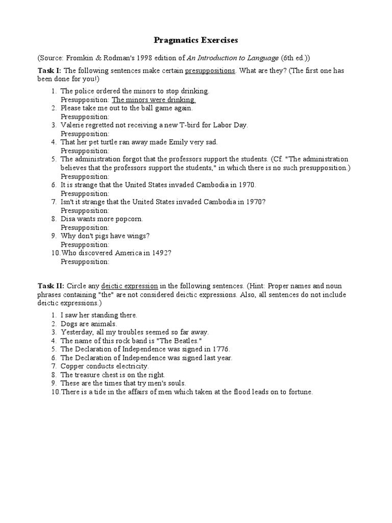 Pragmatics Exercises: Presuppositions & Deixis | PDF
