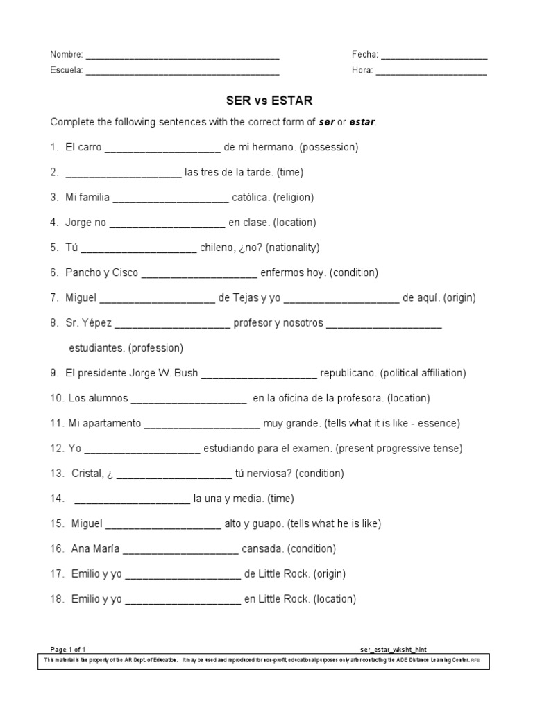 Bv1ch8 Ser Estar Wksht Hint Deportes Ocio