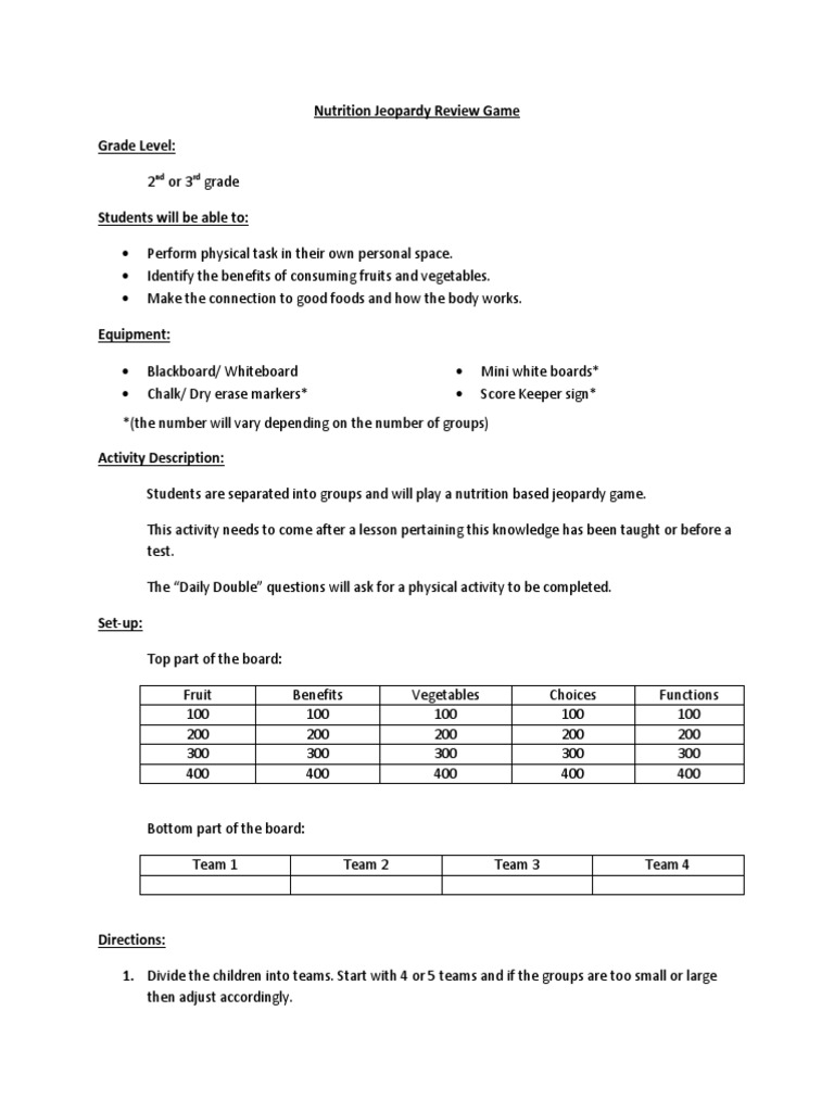 nutrition jeopardy review game Vegetables Carbohydrates