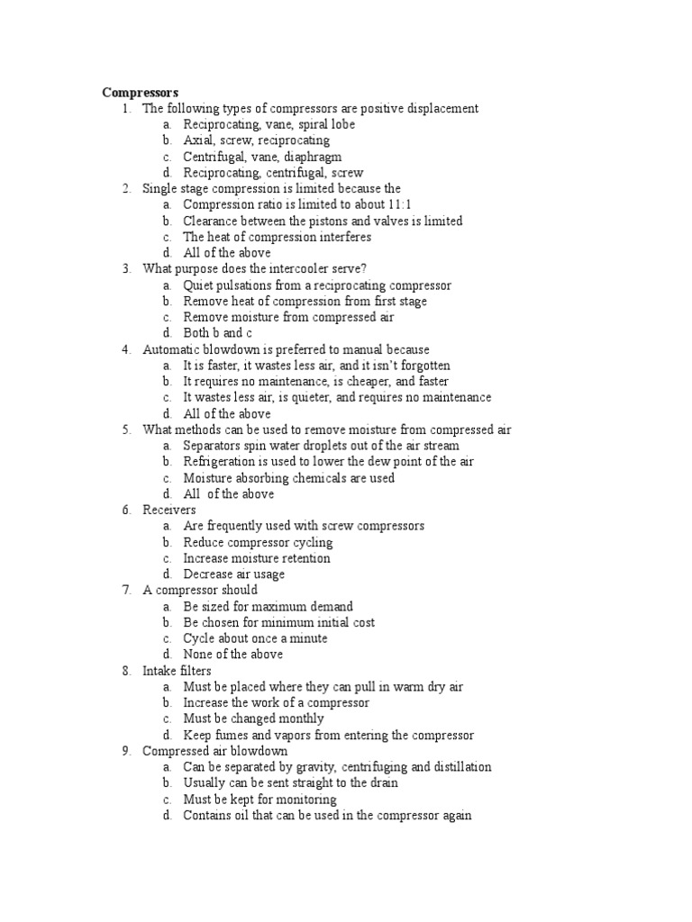 Compressors Quiz PDF