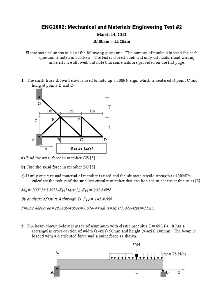 ENG2002 Mechanical Engineering Test 2 | PDF | Column | Bending